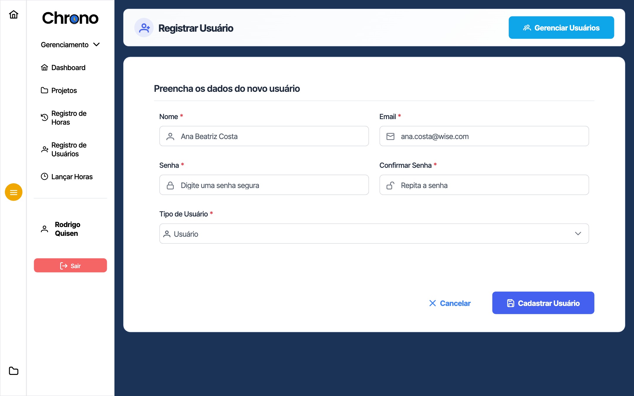 Chrono - Registrar usuário