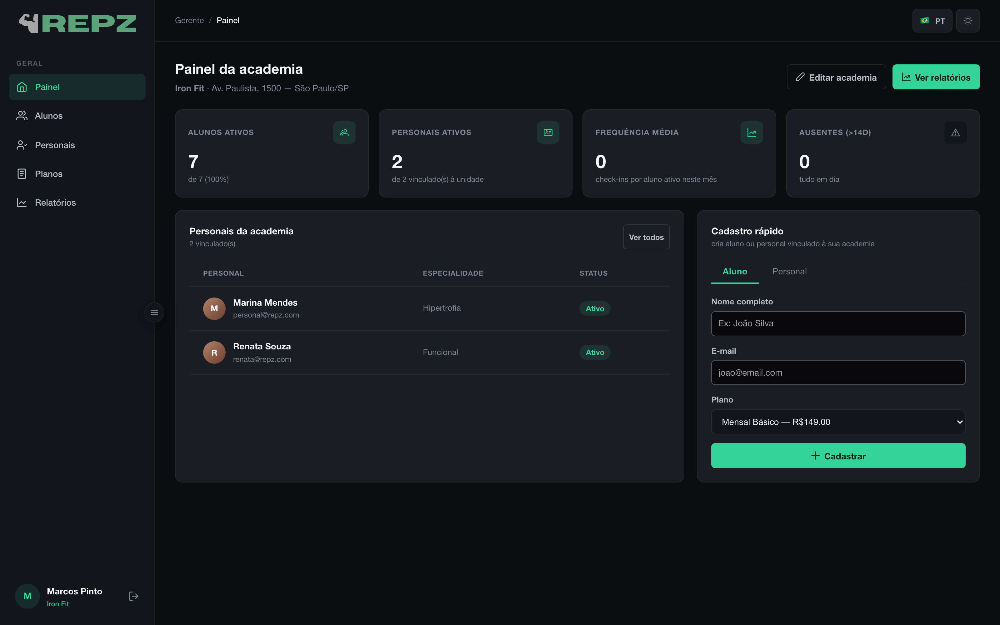 Repz - Dashboard da academia