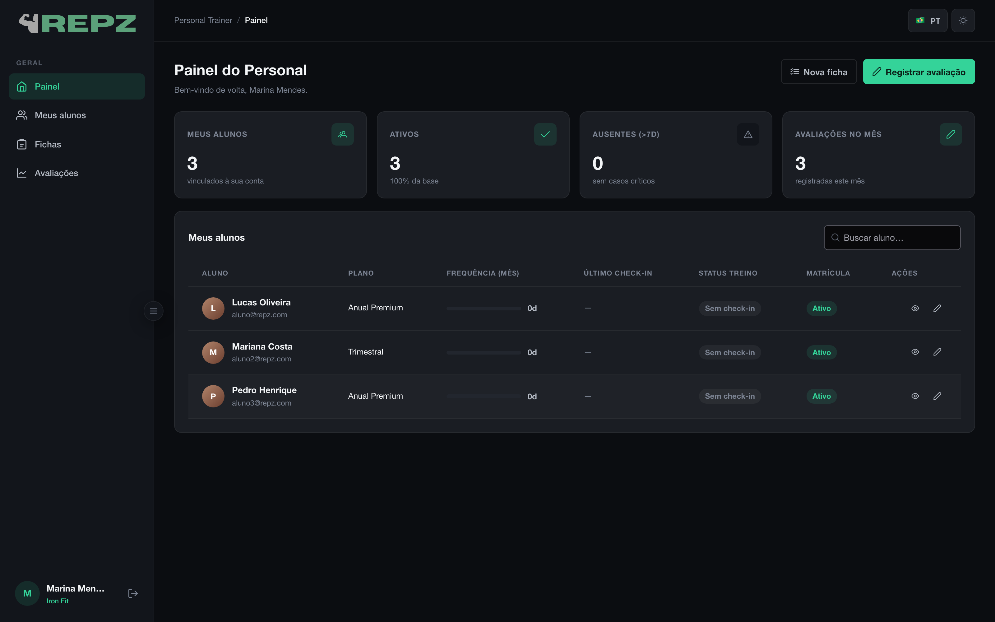 Repz - Dashboard do personal